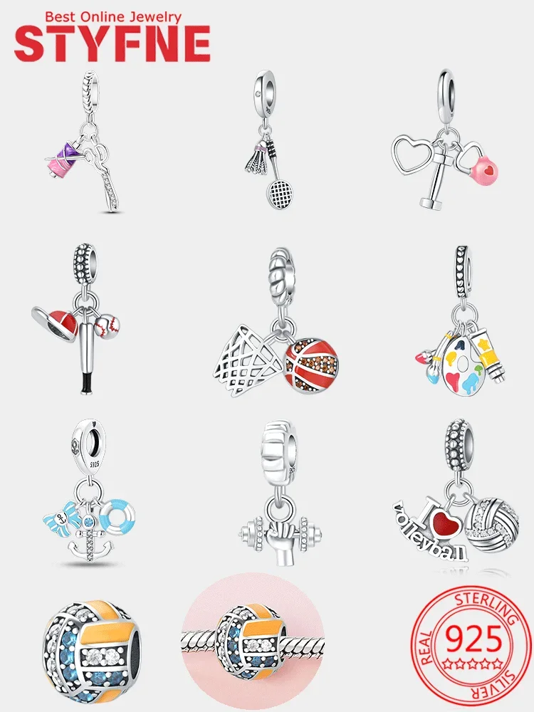 

Silver 925 Charms Sports Series Badminton Basketball Football Boxing Beads Pendant Fit Diy Original Bracelet Women Jewelry Gifts