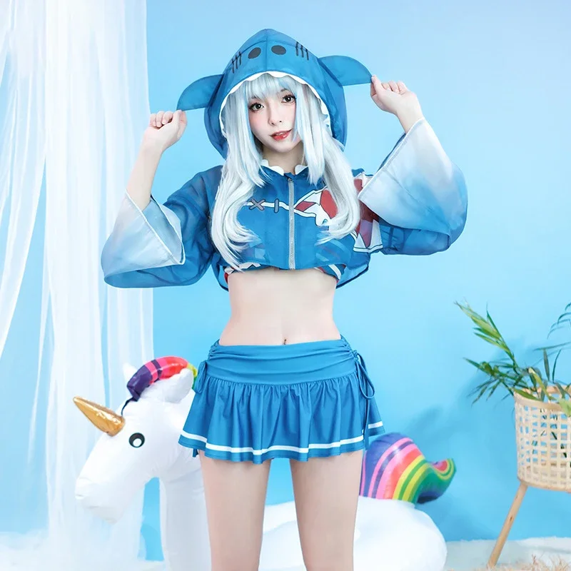 VTuber Hololive Gawr Gura Cosplay Costume pour filles et femmes, perruque, maillot de bain, Anime, tenues de fête d'Halloween, plage, bain trempé, maillot de bain, RZ