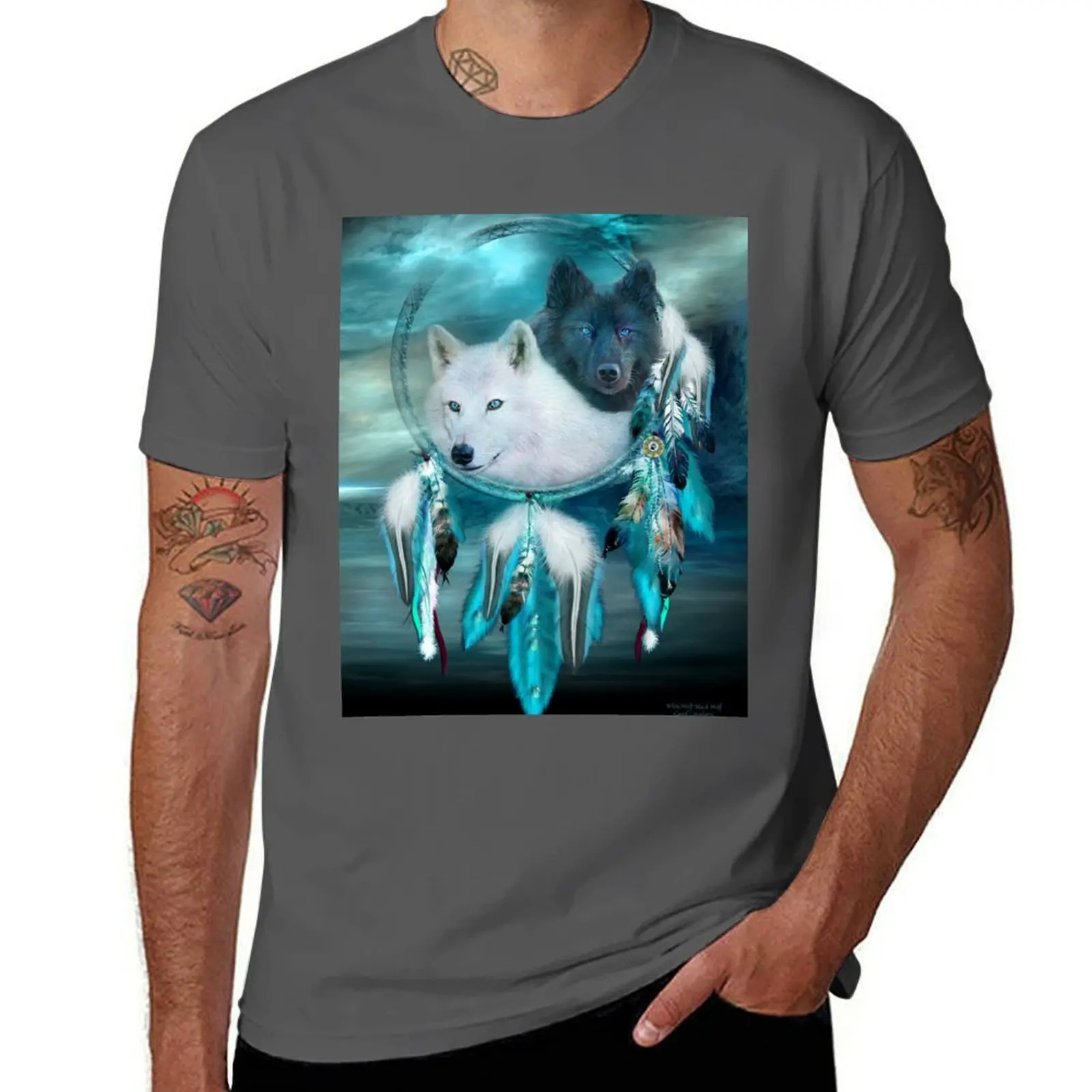 

Dream Catcher White Wolf Black Wolf T-Shirt Casual Loose Fit Short Sleeve T-Shirt