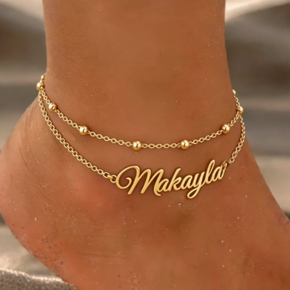 Personalized customization name ankle, double-layer bead chain ankle bracelet for women's foot accessories