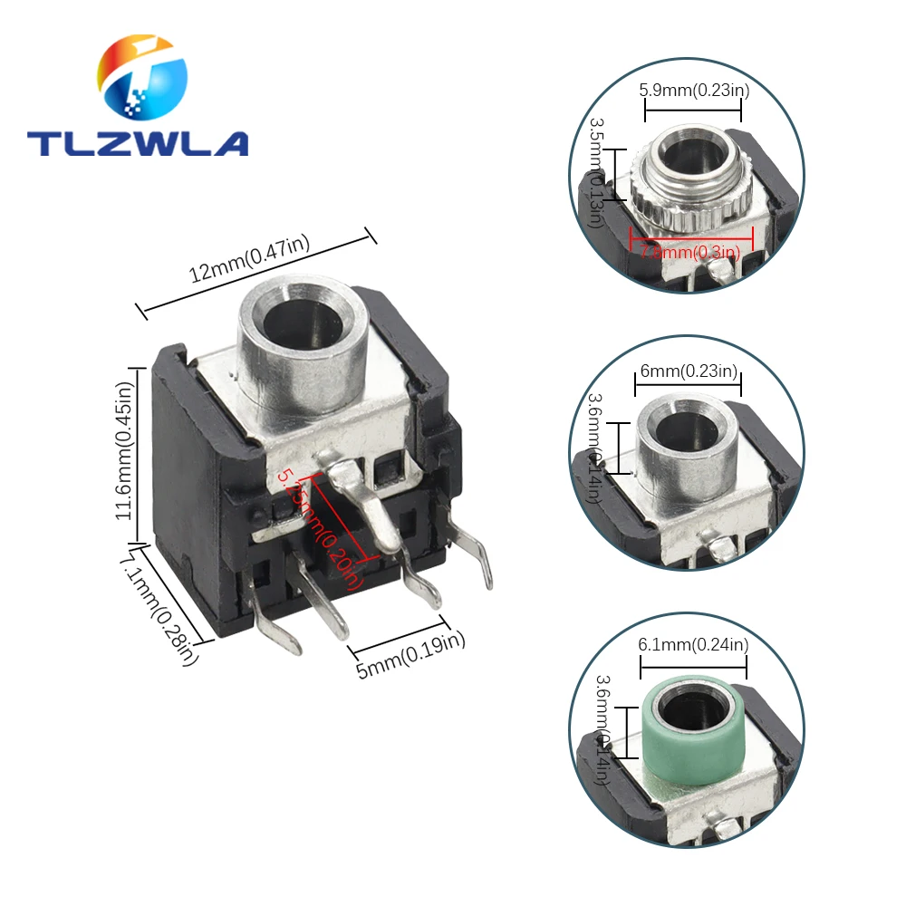 10PCS PJ-306M PJ306 3.5mm Female 5 Pin Audio Connector With Nut DIP Stereo Headphone Jack