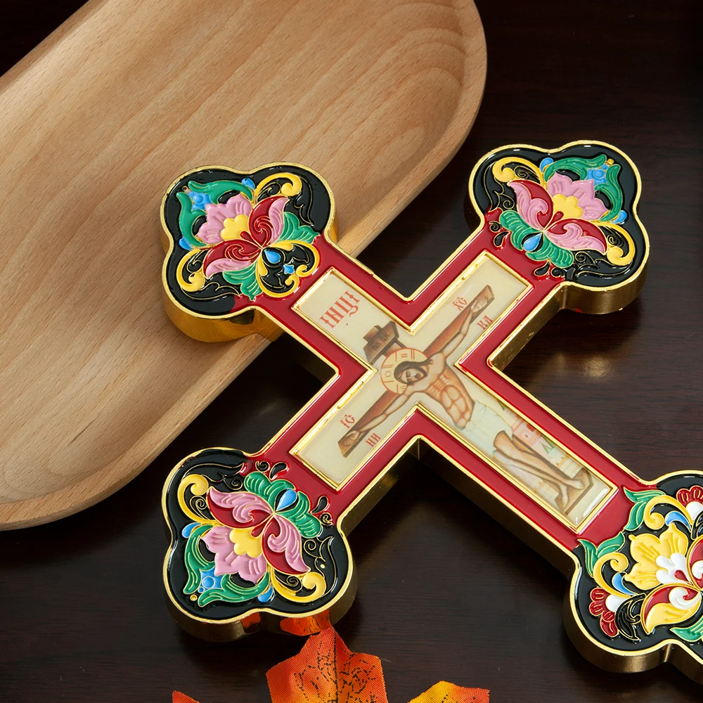 Neues Orthodoxes Kruzifix, Jesus-Ikone, Kreuz mit Emaille im byzantinischen Stil, christliches Kreuz für Gebetsrituale, heilige Altardekoration für Zuhause – Detail 5