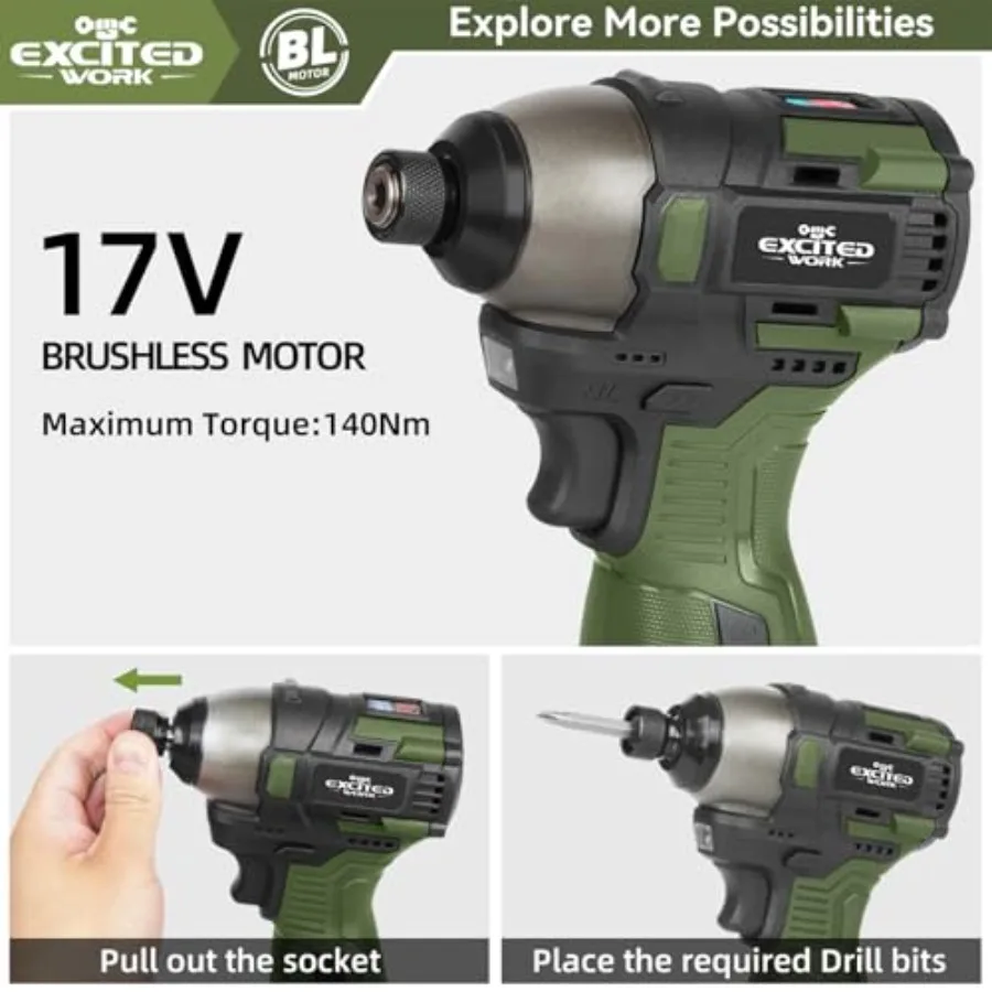 Cordless impact driver for DIY and professional use, brushless motor, black and gray, 140Nm torque, 3-speed control, LED work l