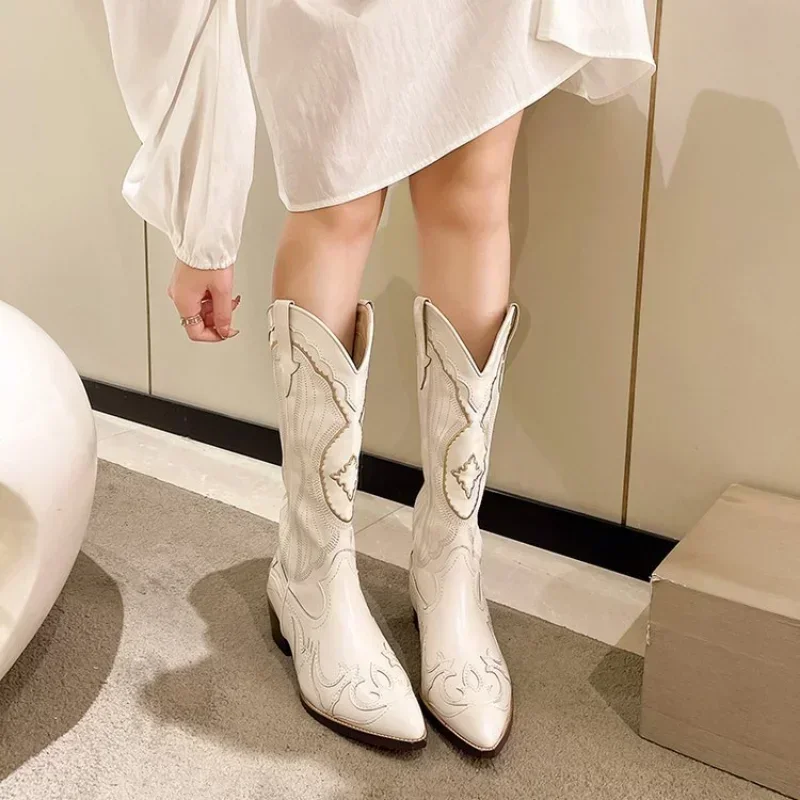 Botas Vaqueras Vintage de Tacón Grueso y Punta Cuadrada para Mujer, Botas Vaqueras Occidentales Bordadas con Cremallera Lateral, Botas Puntiagudas de Otoño