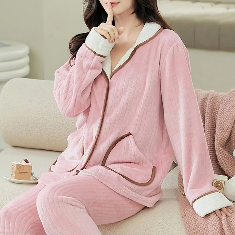 Winter Women Pajamas Set Velvet Warm Home Soft Loose Clothing Fashion Casual Long Sleeve Buttons Turn Down Collar Suit 2 Piece