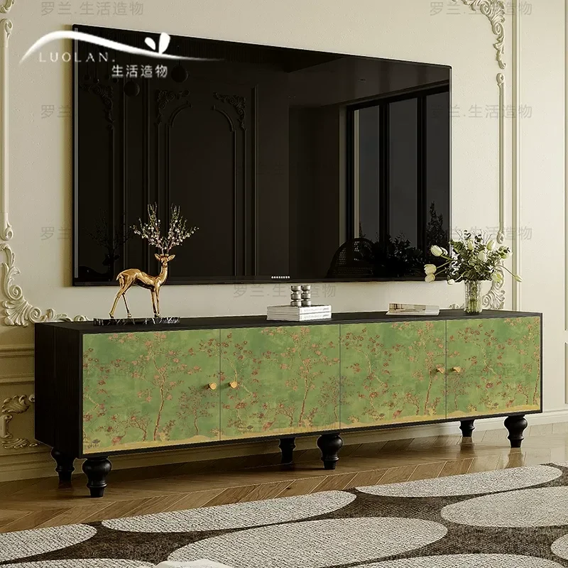 Green Retro Solid Wood TV Cabinet Flower and Bird Integrated Storage Decorative Cabinet for Living Room Antique Locker for