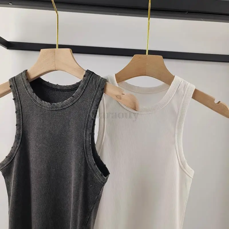 Garaouy 2024 Summer Women Ins Worn Out Vintage Rib Vest Y2k Streetwear Slim Spicy Girl Tank Tops Fashion Bottoming Shirt Female