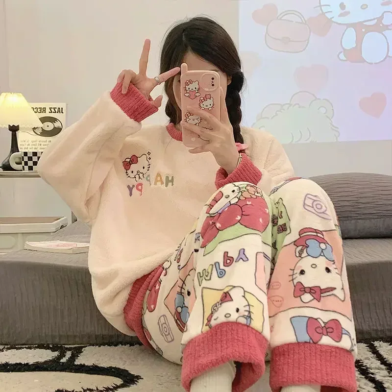 My Melody Sanrio Kawaii Hello Kitty Pajamas Winter Plus Velvet Warm Cartoon Coral Velvet Long Sleeve Long Pants Home Clothes