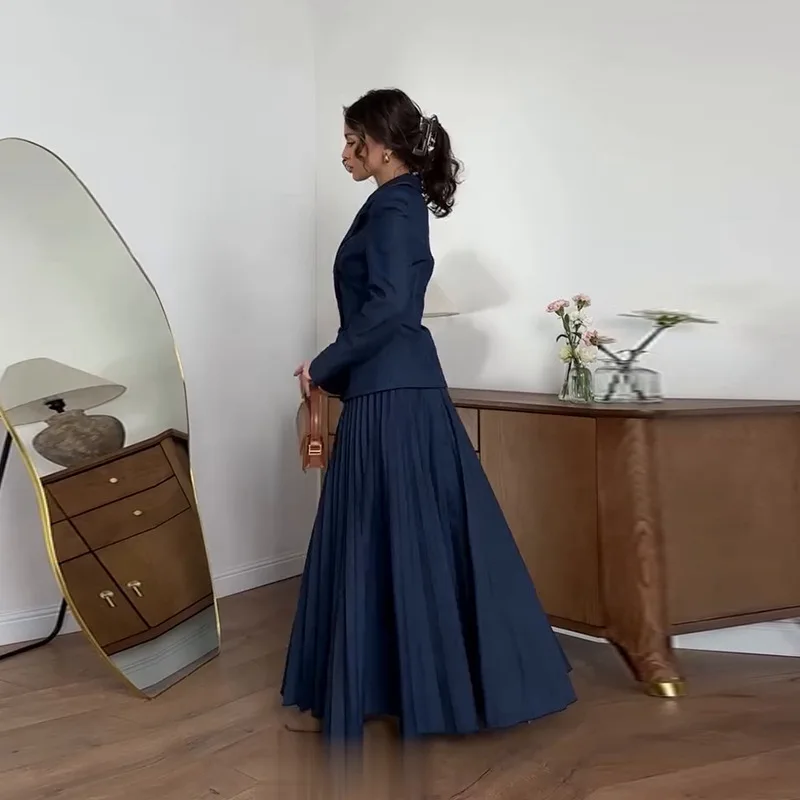 Pleated Skirt Suit Women Eid Muslim 2 Piece Set Coat Long Skirts Ensemble Dubai Morocco Single Breasted Jacket Ramadan Outfits