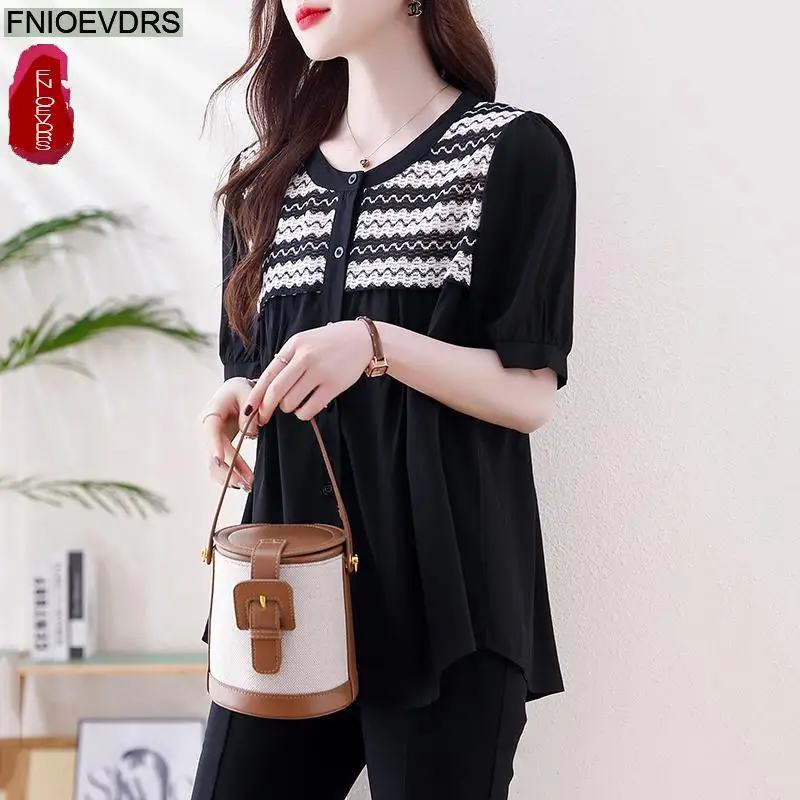 느슨한 옷 여성 2025 여름 짧은 소매 캐주얼 패치 워크 스트라이프 자수 탑 버튼 블랙 레이디 셔츠 블라우스