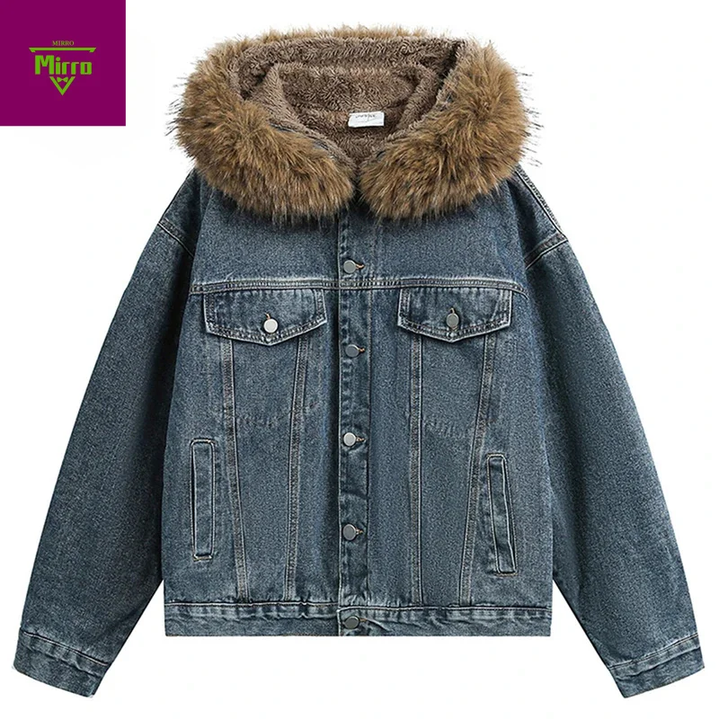 

Winter Denim Jackets Men Vintage Thicken Warm Parkas Fur Collar Coats Streetwear Harajuku Hip Hop Padded Jackets Outwear