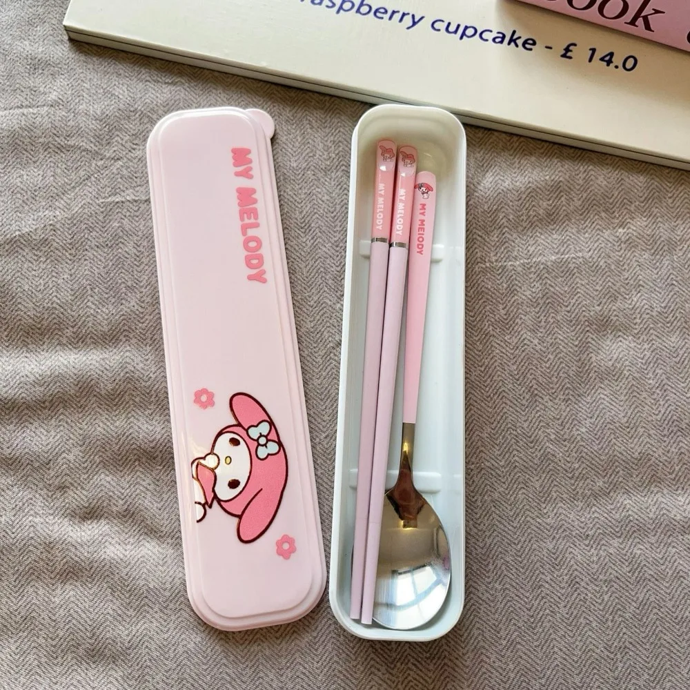 Children Cinnamoroll My Melody Anime Kawaii MINISO Portable Tableware Cute Cartoon Student Fork Spoon Three-piece Set Chopsticks