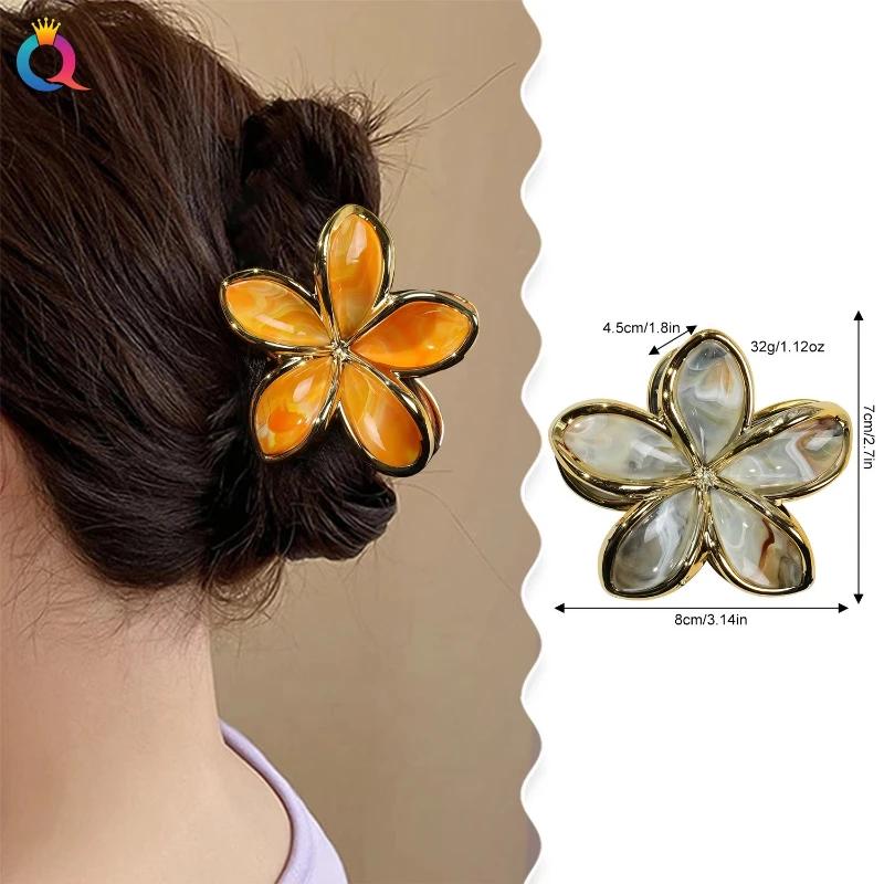 1pc 8CM Electroplated Plumeria Hair Claw Shark Clip for Women Half Up Bun Styling Non Slip Elegant Hair Accessory Wholesale