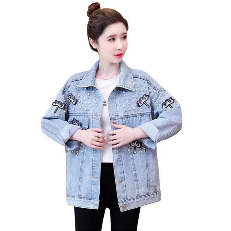 

spring autumn Casual embroidery beading denim coat women new fashion single-breasted short jean jacket loose Cowboy Outwear T241