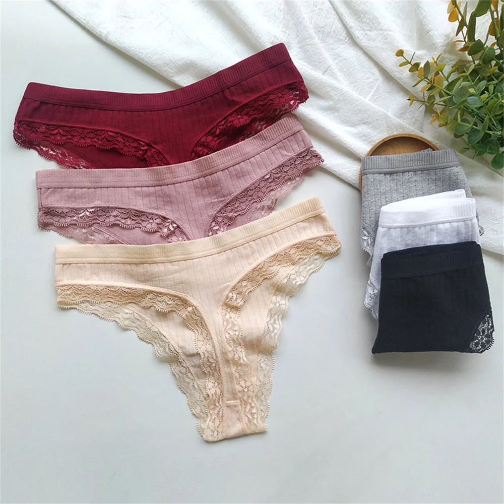 

6PCS/Set Sexy Women Cotton Stripe Panties Lace Thongs Briefs Underwear Female Intimates Lingerie T-Back Lace Panties Underpants