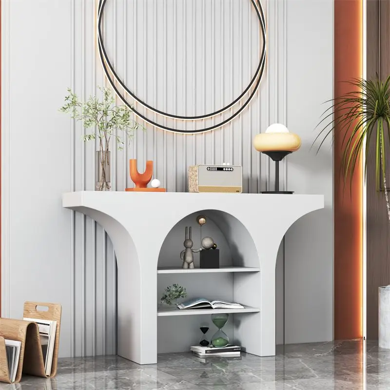 Nordic living room, simple and modern entrance table, arched shelf, aisle against the wall