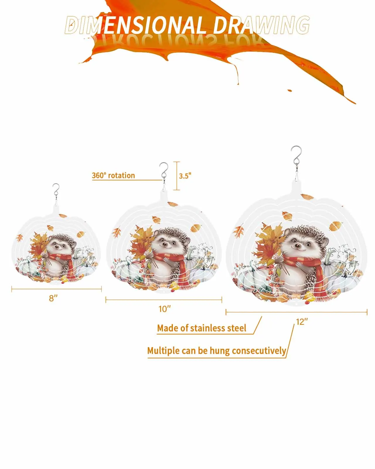 Thanksgiving Pumpkin Hedgehog Leaves Pine Cones Balcony Stainless Steel Hanging Decorations For Home 3D Rotating Wind Spinner