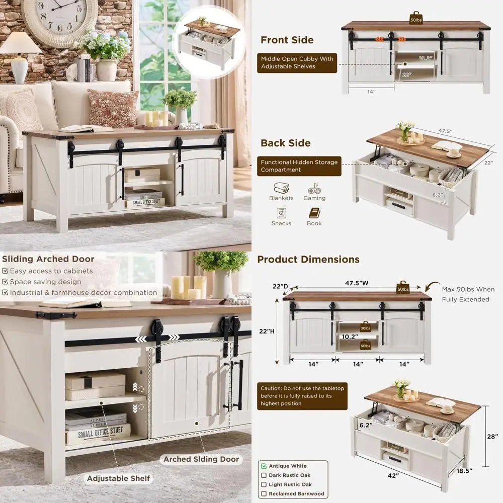 Rustic Farmhouse Coffee Table with Lift Top, Sliding Door, and Hidden Storage, 48 Large Center Table
