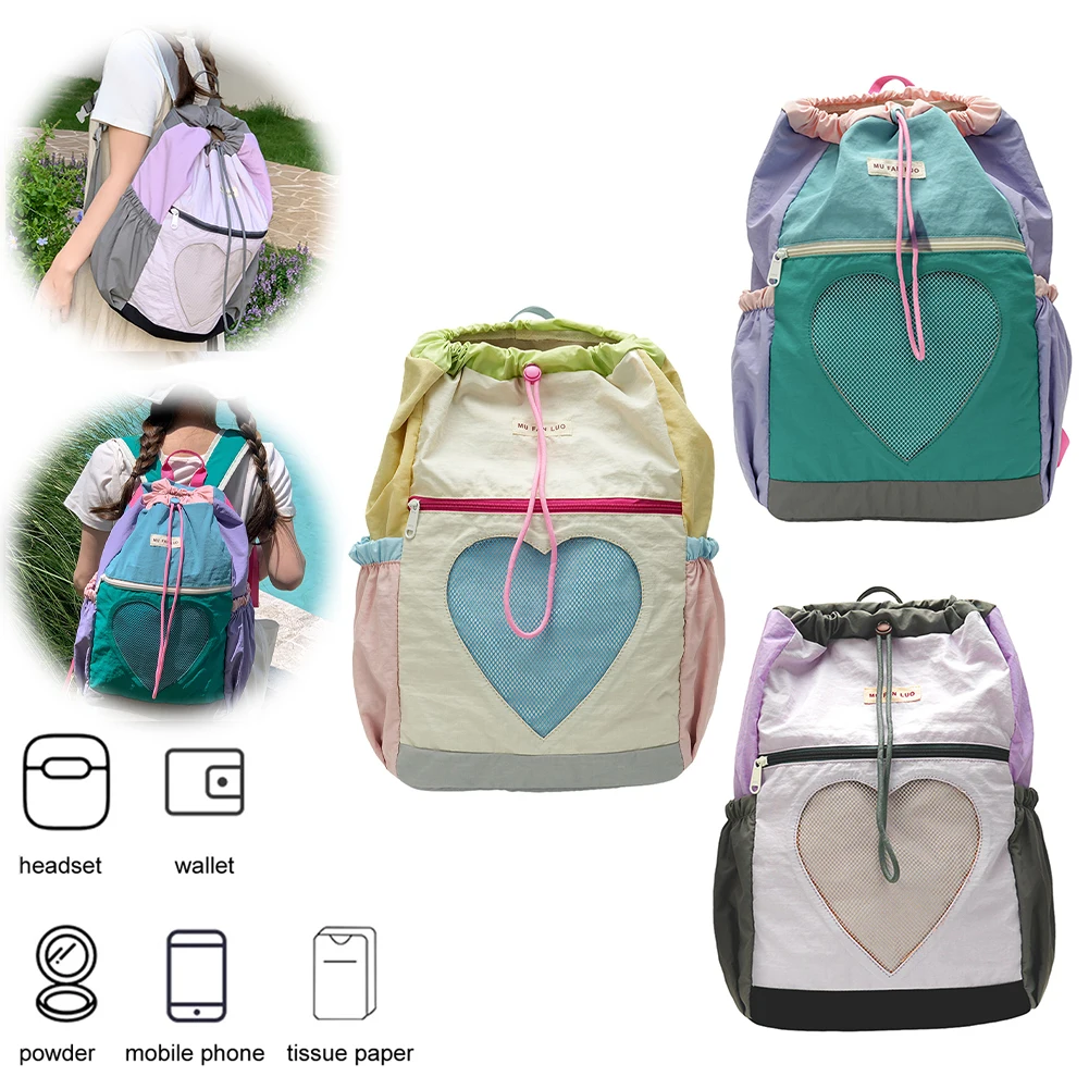 

Bookbag for Women Girls Color-Block Daypack Nylon Drawstring Laptop Backpack Adjustable Strap Rucksack for Travel School