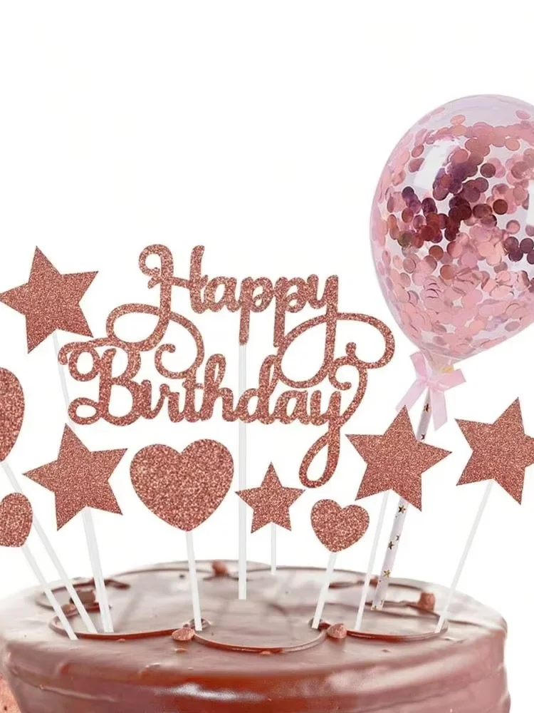14Pcs/set Happy Birthday Cake Toppers DIY Balloon Cake Decor Star Heart Cupcake Flag for Birthday Party Dessert Decor Baking Sup