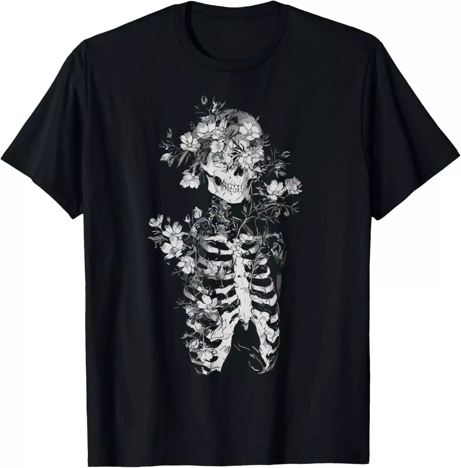 Floral Skull Flower Print T-Shirt Goth Occult Death Dark Alt Aesthetic T-Shirt Summer Casual Y2K Top Harajuku Women Clothing Y2K