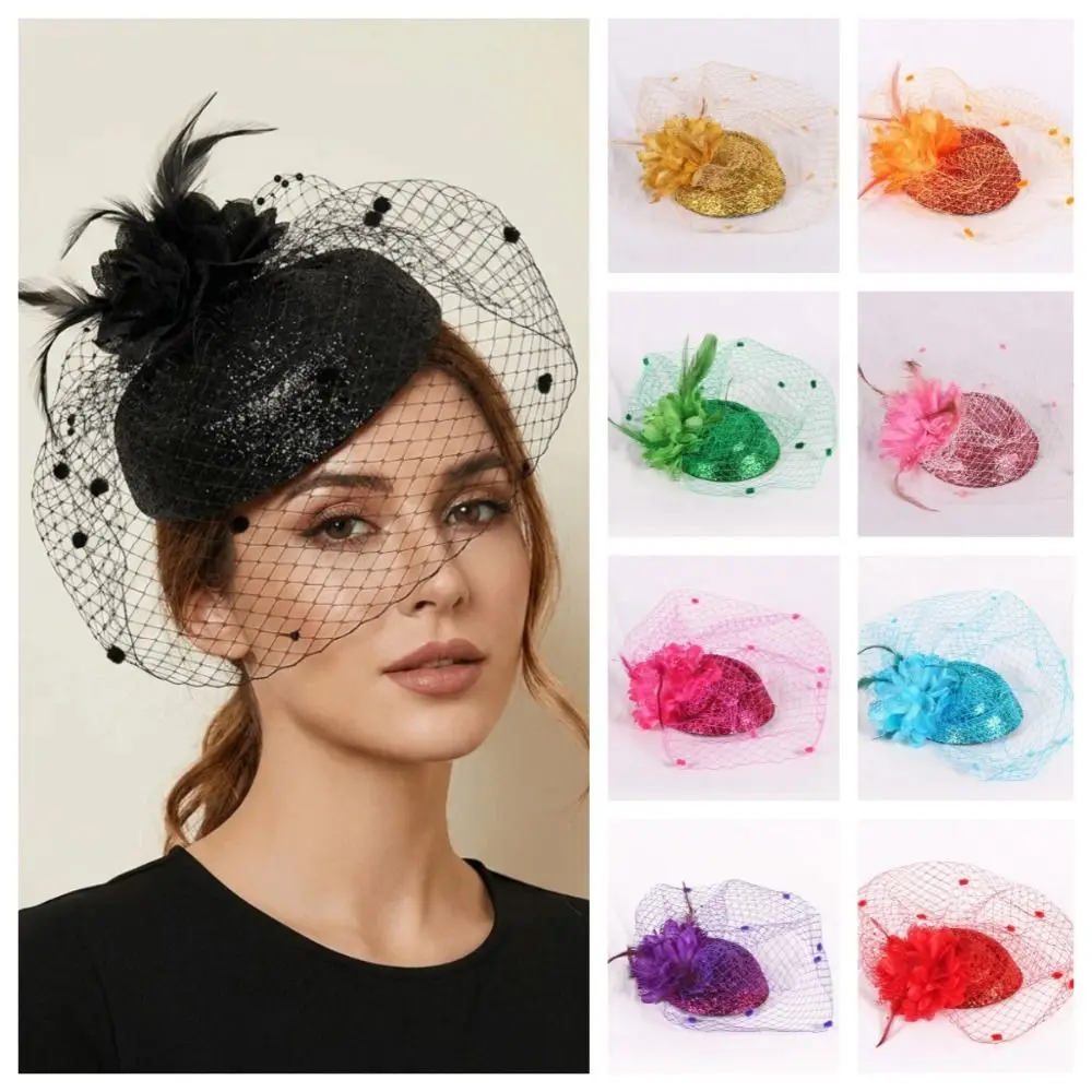 Solid Color Felt Fascinator Hat Wave Point French Style Bridal Headdress Feather Flower Mesh Small Top Hat Hair Accessories
