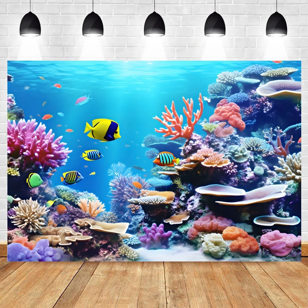 Underwater World Fish Backdrop Under The Sea Seabed Coral Shark Dolphin Turtle Baby Birthday Party Photography Background Decor