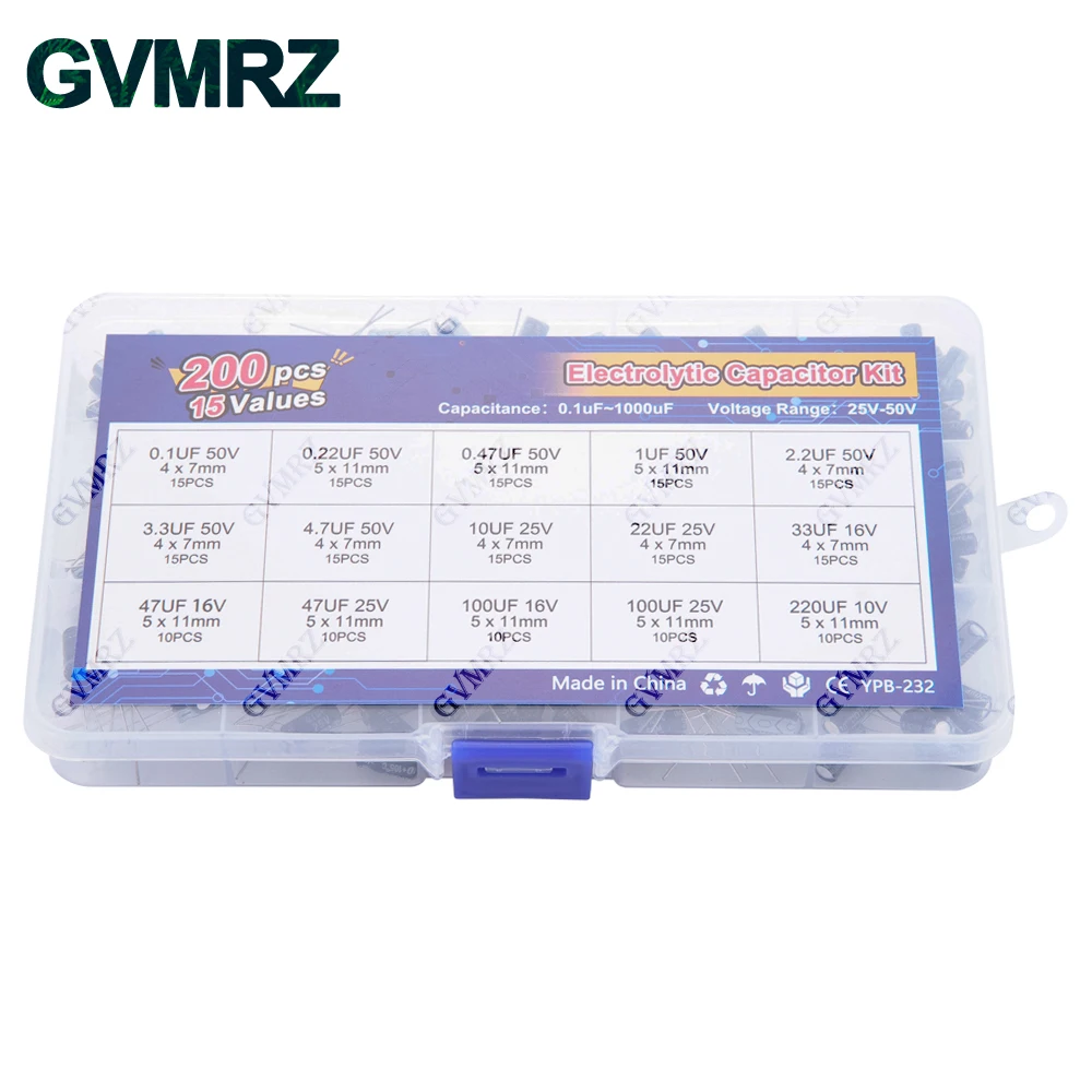 15Values 200pcs Electrolytic Capacitor Organization Storage 0.1-220uF Capacitors Assortment Box Kit