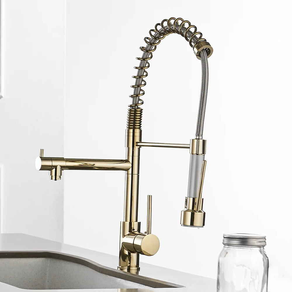 Gold Kitchen Faucets Gold Torneira Para Cozinha Faucet for Kitchen Sink Single Pull Out Spring Spout Mixers Hot Cold Water Tap