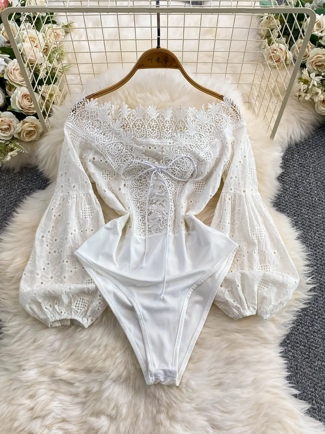 Women White Lantern Sleeve Jumpsuit Y2k Gyaru Elegant Romper Sexy Lace Patchwork Off Shoulder Long Sleeve Bodysuit Top for Women