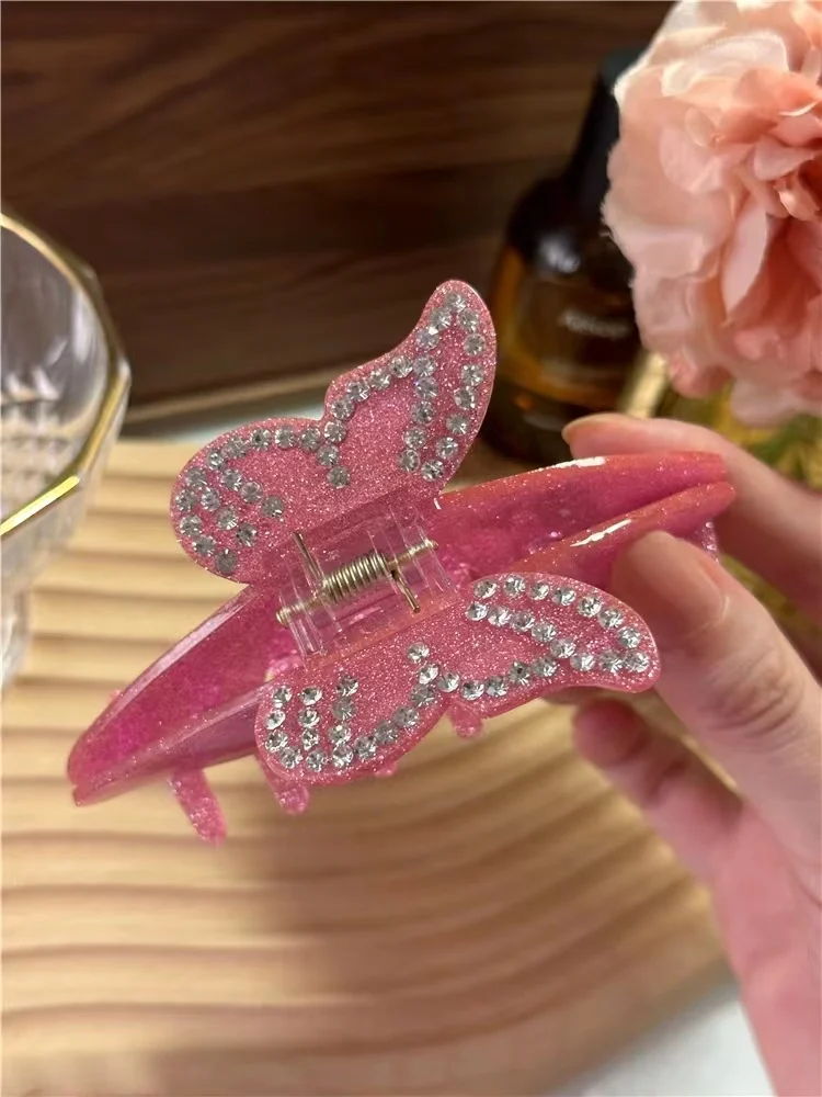 Shiny Pink Brown Rhinestone Butterfly Big Hair Claws Acrylic Hair Clip for Women Girl Sweet Trendy Hairpin 2023 Hair Accessories