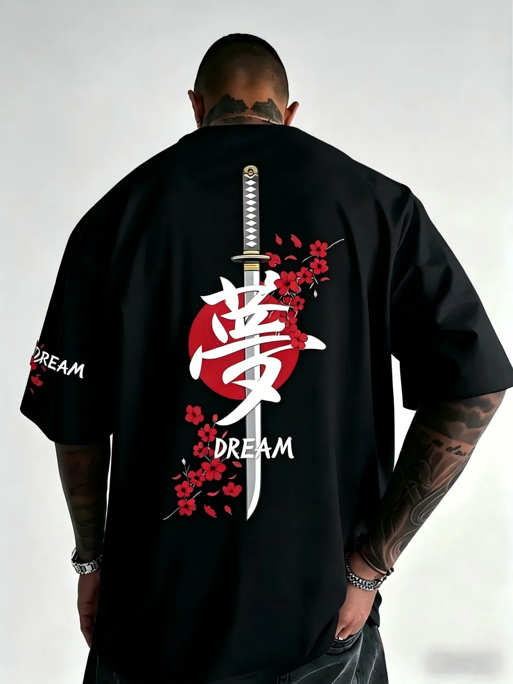 American men's summer cherry blossom samurai sword letter print micro elastic breathable round neck T-shirt outdoor street top