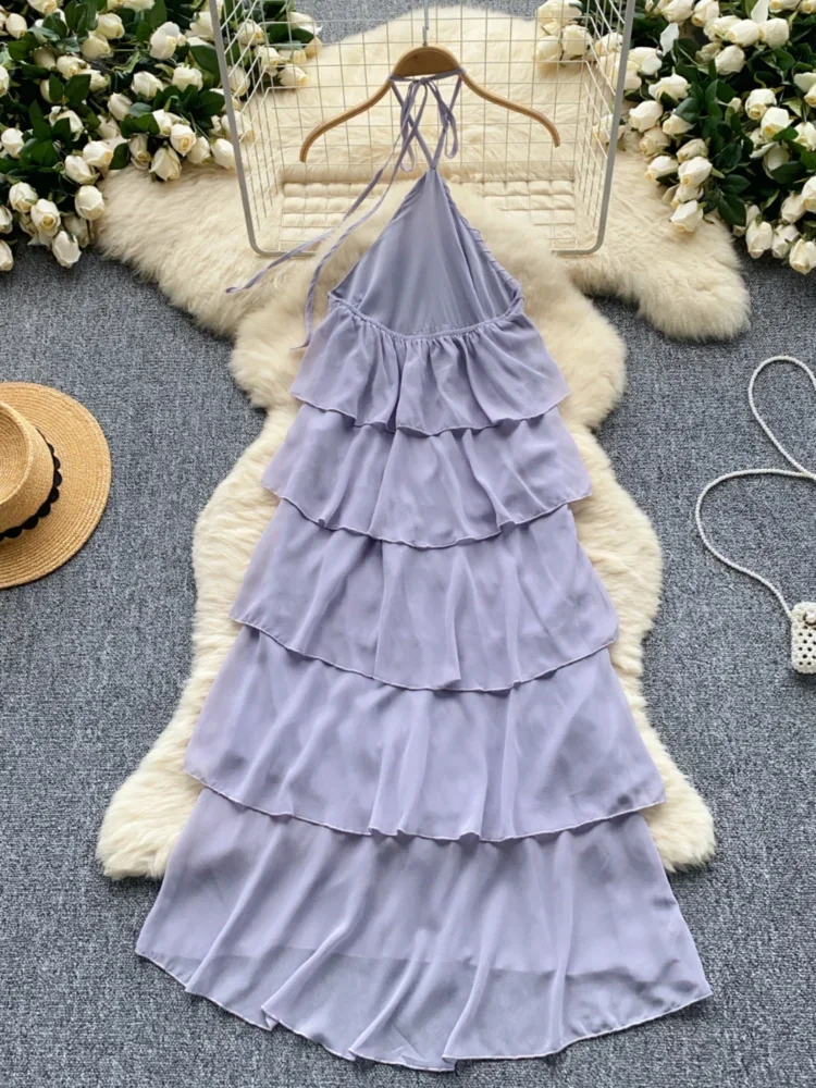 Women Hanging Neck Beach Dress Summer Mesh Sexy Backless Purple Layered Long Dresses Ladies Loose Elegant Long Robe Vestidos