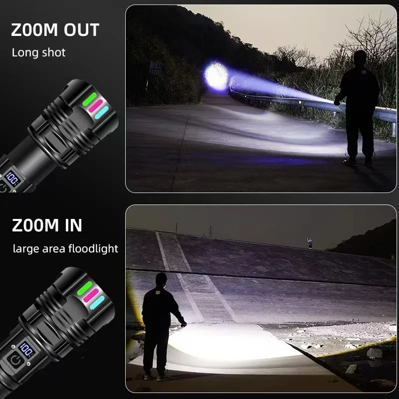 Ultra Powerful LED Spotlight Long Range Flashlight Fluorescent Absorbing Film Luminous Zoom Flashlight Camping Emergency