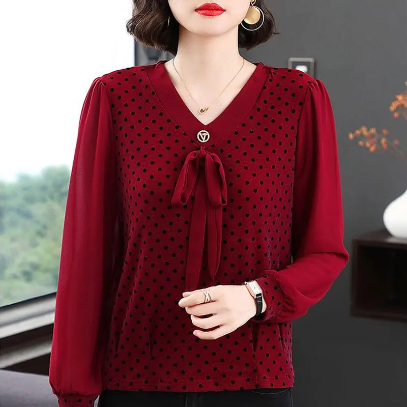 Blusa feminina estampada em bolinhas, camisa coreana com cordão, elegante com decote em v, camisa casual solta, roupas de deslocamento, primavera,