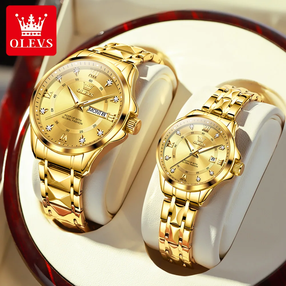 OLEVS Original Luxury Brand Couple Watch Dual Calendar Gold Stainless Steel Quartz Watch Men and Women Waterproof Luminous