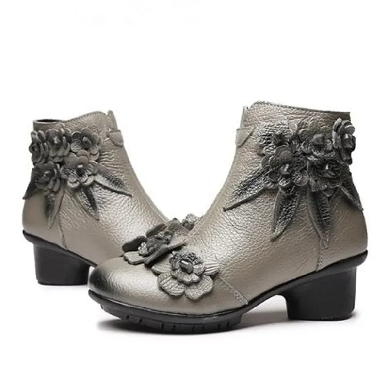 TIMETANGVintage Flower Ankle Boots Women Shoes Genuine Leather Boots For Women Casual Zipper Winter Shoes Woman Retro BotasMujer