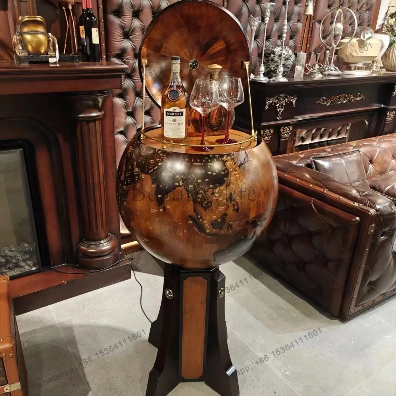 Premium ornament globe wine cabinet can be lifted and lowered display, size 65 * 132cm