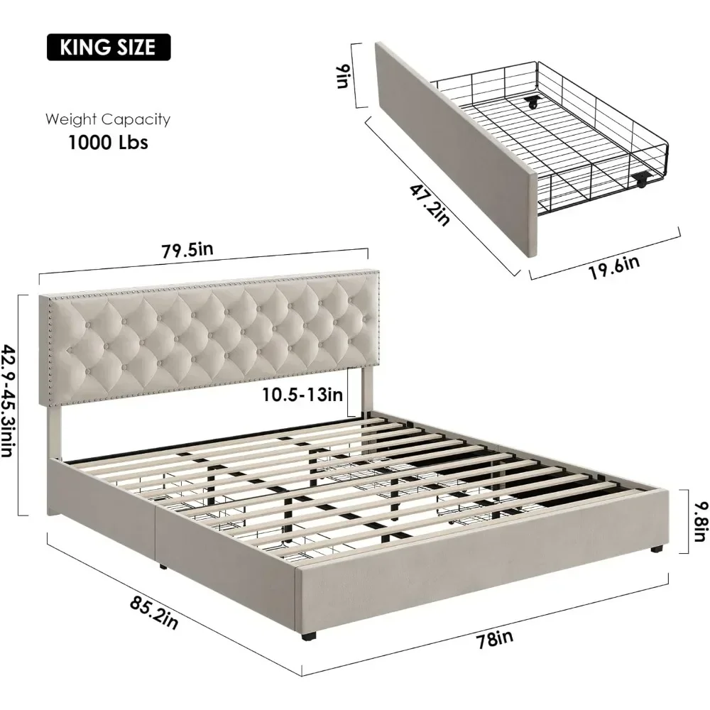 King Size Bed Frame with 4 Storage Drawers, Modern Upholstered Platform Bed with Wood Slat Support,No Box Spring Needed(Beige) image 5
