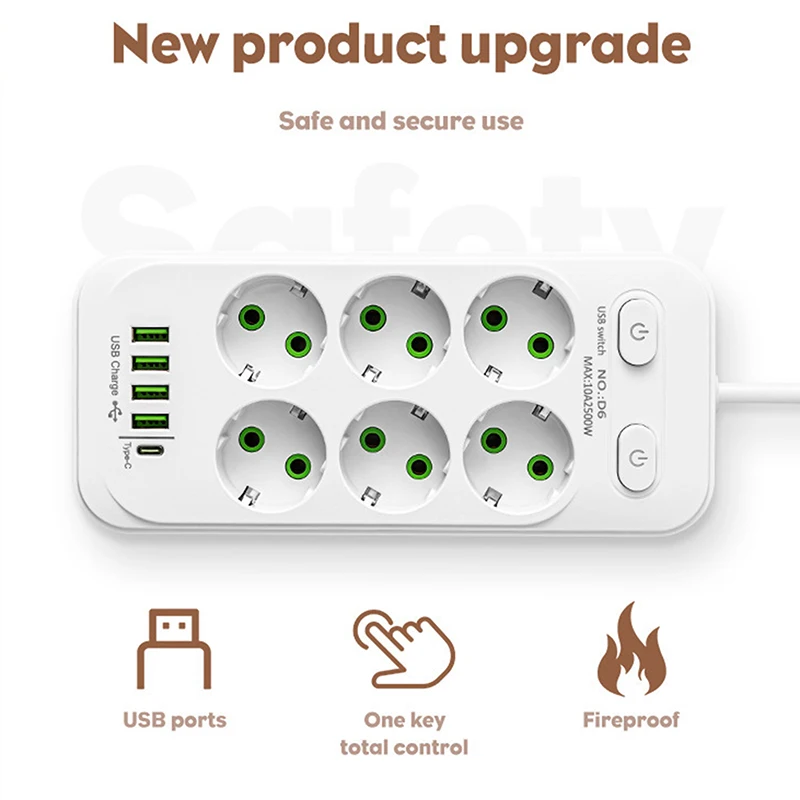 Prolunga di alimentazione con spina UE con cavo da 2 m, presa multipla, ricarica rapida USB-C e adattatore per filtro di rete.