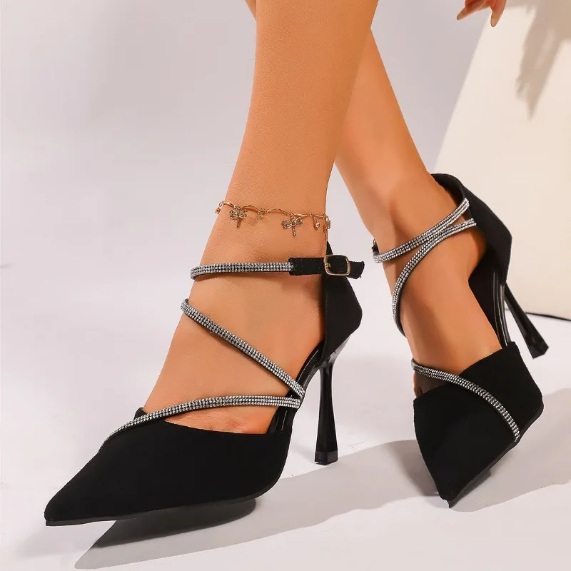 

Summer Rhinestone Strap Stiletto Wrapped Toe Sandals Fashion Pointed Toe Shallow Mouth Non-Slip High Heels