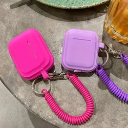 Case For Airpods 1/2/3 Silicone Solid Color Protective Earphone Cover For Apple Air Pods Pro 2 with Spring Fexible Chain Keyring