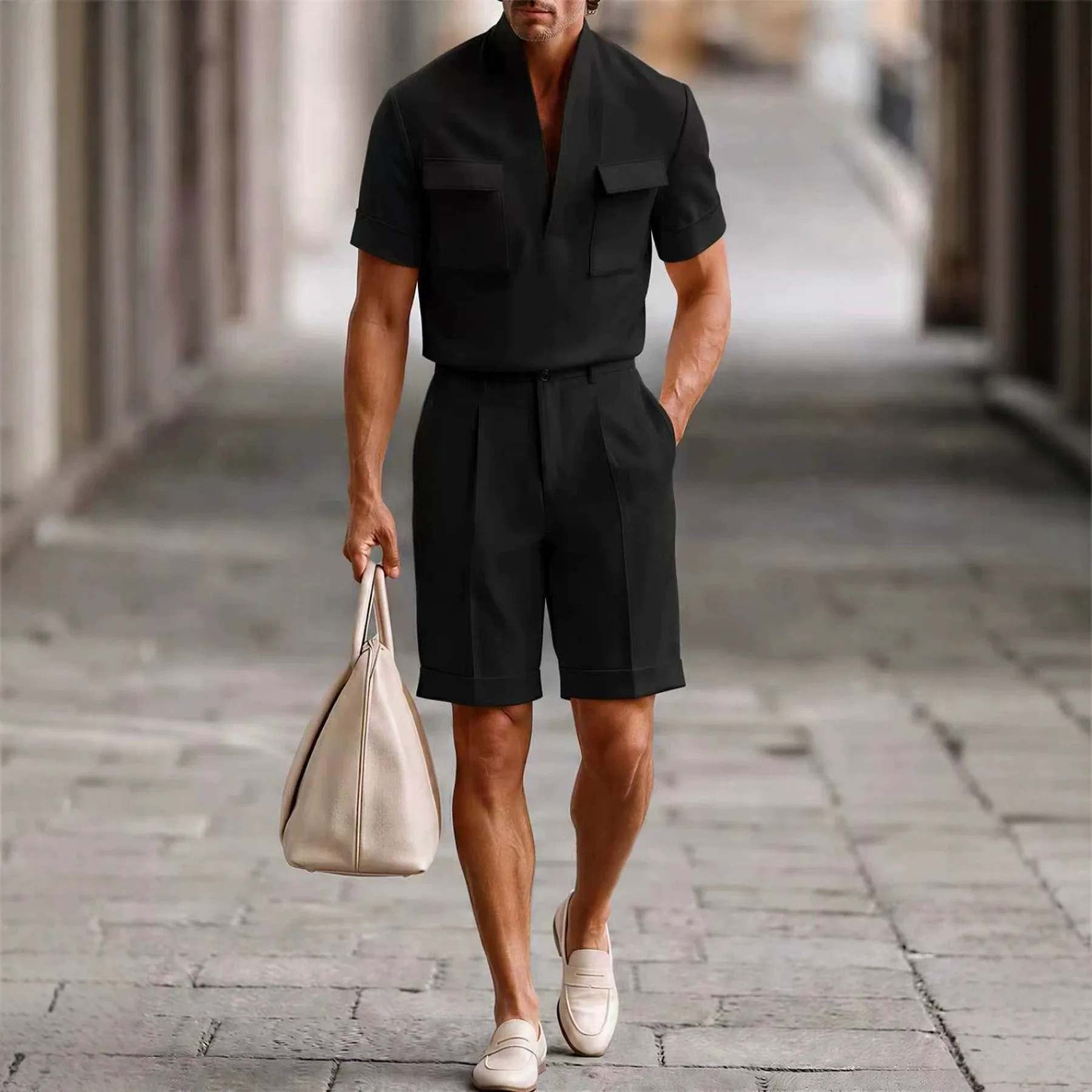 Summer Men Retro Stand Collar Shirt Short Pants Set Casual Loose Solid Two Piece Matching Suit Daily Streetwear Outfits