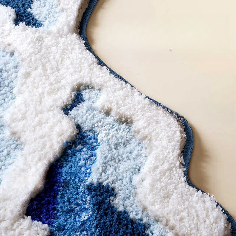 Aesthetic Wave Tufted Carpet Bathroom Antislip Rug Ocean Sea Tufting Plush Carpet House Livingroom Decoration Bedside Area Rug