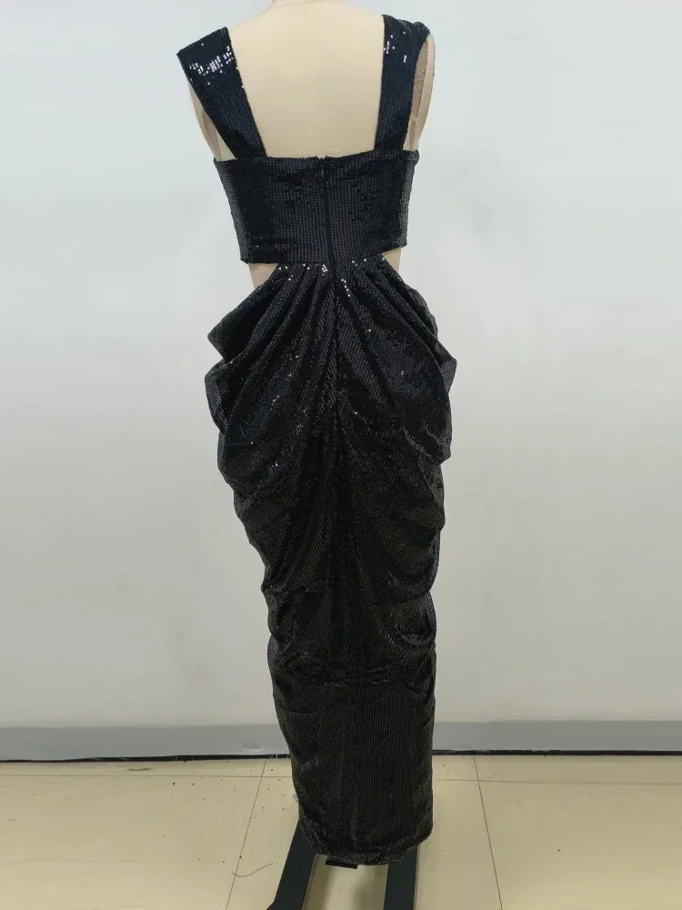 Cinghie sexy Fiore 3D Paillettes lucide Pieghe Abito lungo Donna Nero Senza maniche Ritaglio Increspato Split Abiti slim Abiti da sera Abiti da festa
