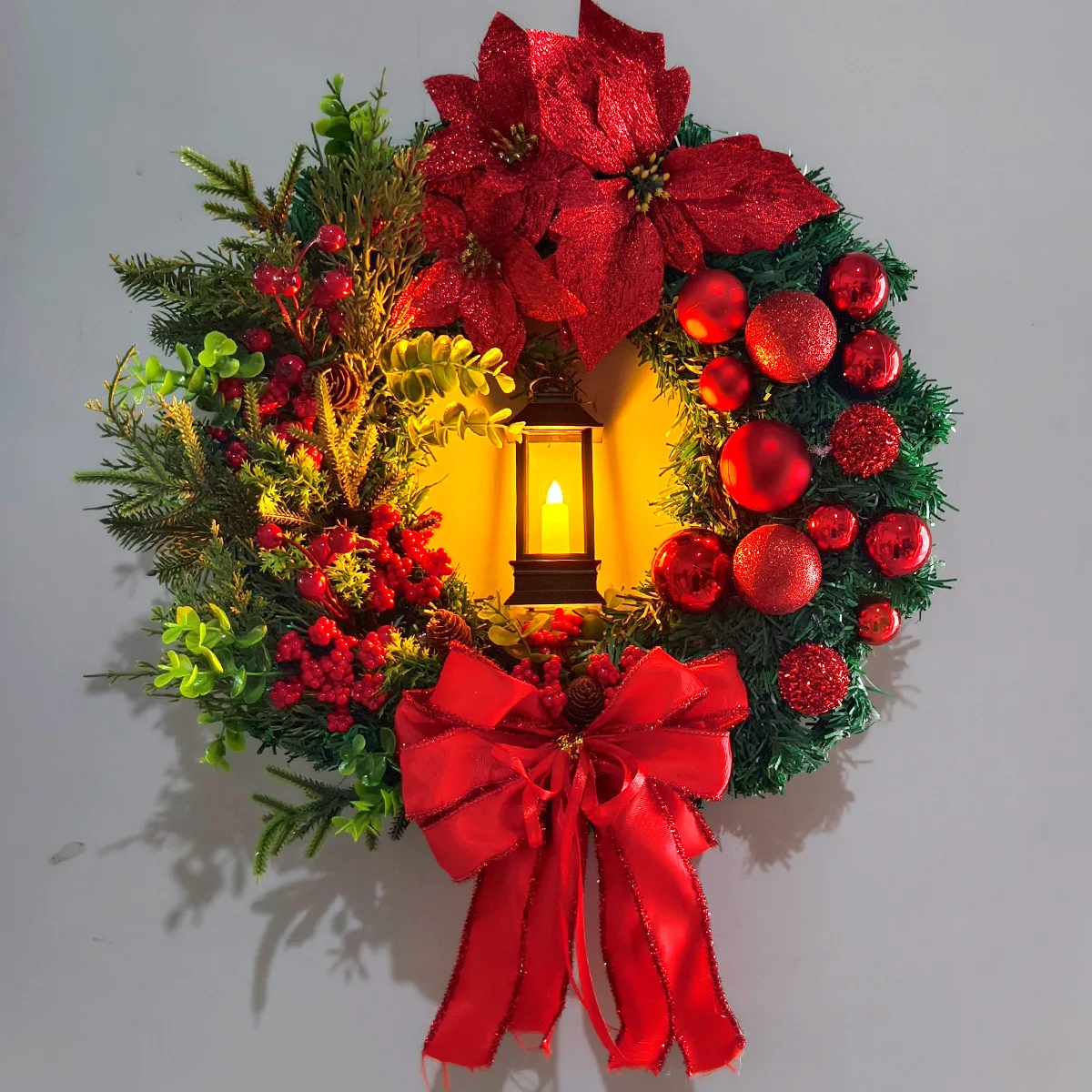 

Christmas Wreath With Lights Bow Ball Big Red Flower for XmasParty Wall Door Window Fireplace Stairca Balcony Garden Wreath 2025