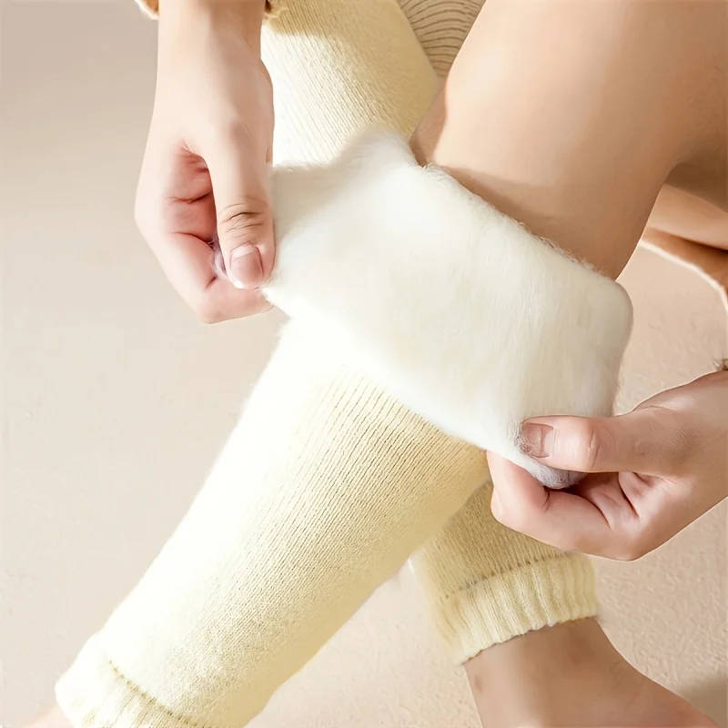 1 Pair Winter Women Thick Knee High Stockings Windproof Plush Lined Thermal Elastic Outdoor Cozy Leggings Warm Leg Covers