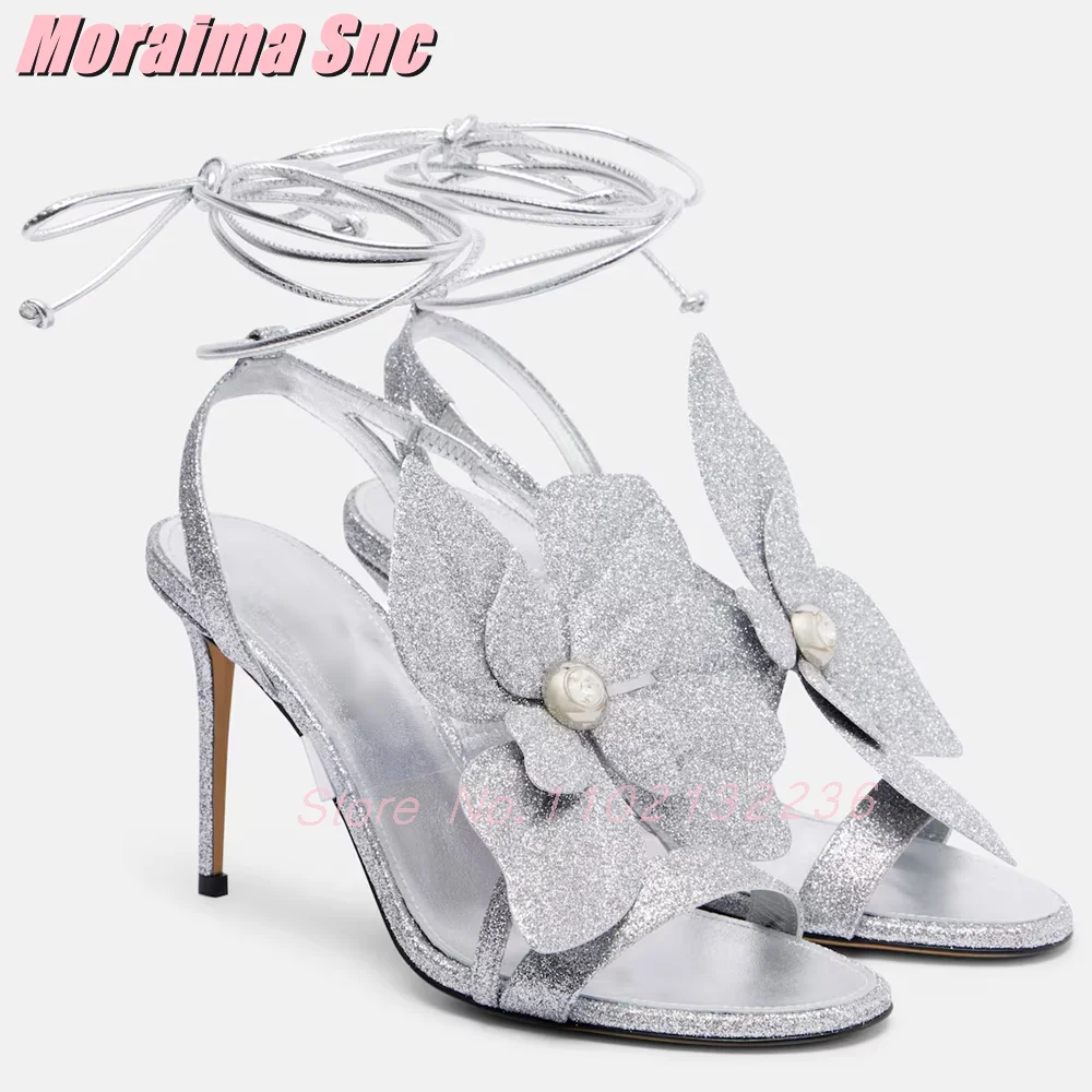 

Glitter Flower Pearl Decor Sandals Lace-up Stiletto High Heel Round Open Toe Sexy Women's Dress Shoes Summer Silver Solid Party