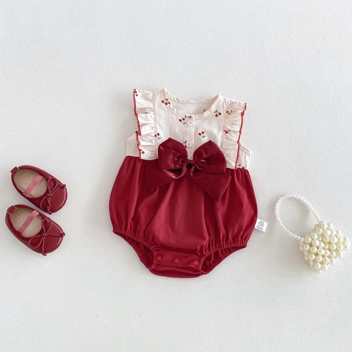 Baby Summer Thin Cotton Sleeveless Bag Fart Jacket for Girls, Sweet Bow, Festive Hundred Day Banquet Jumpsuit