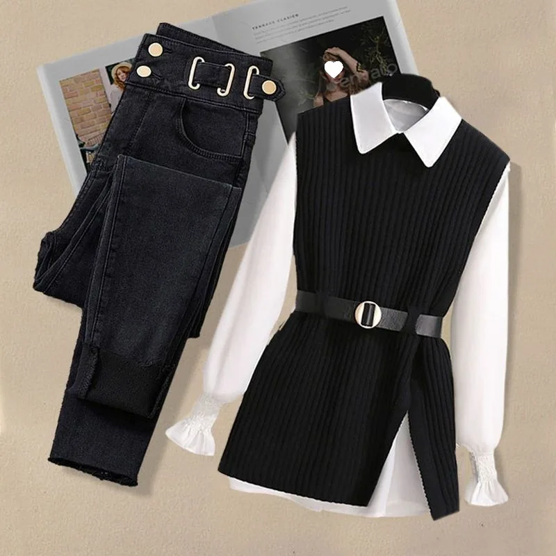 2025 Spring New Korean Elegant in Matching Set Women's Fashion Knitted Vest+Shirt+Jeans Three Piece Female Chic Denim Pants Suit